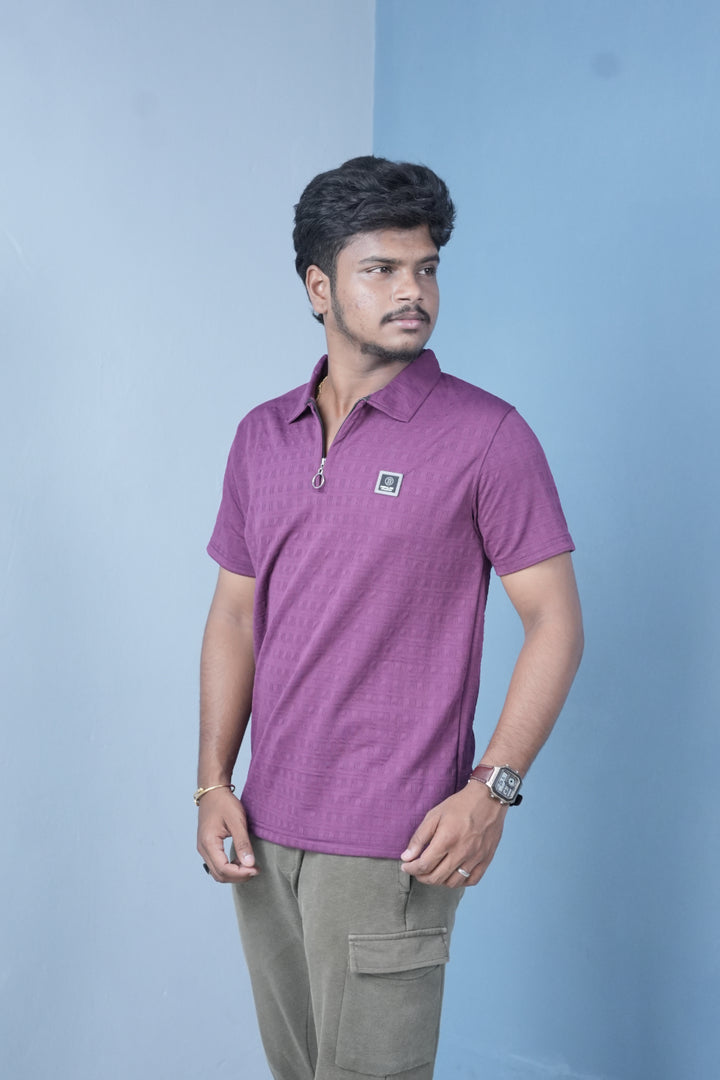 Men’s Textured Polo T-Shirt – Slim Fit Zip Neck Casual Wear - Purple