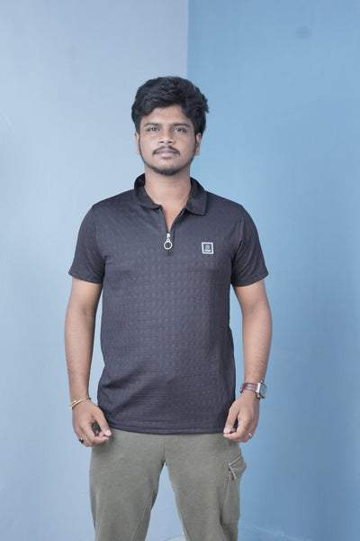 Men’s Textured Polo T-Shirt – Slim Fit Zip Neck Casual Wear - Black