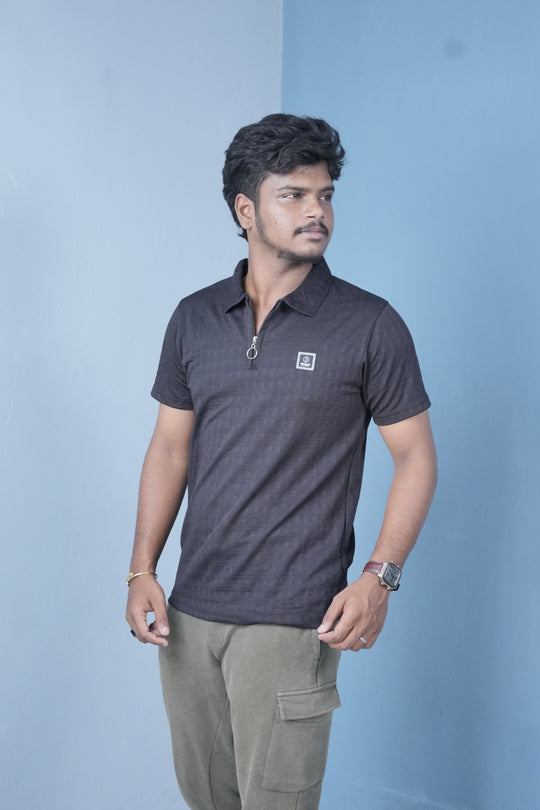 Men’s Textured Polo T-Shirt – Slim Fit Zip Neck Casual Wear - Black – alternate view – 7MAN India