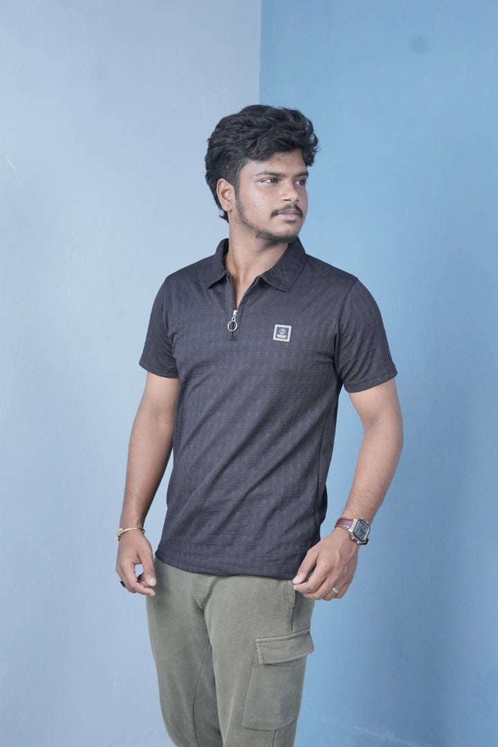 Men’s Textured Polo T-Shirt – Slim Fit Zip Neck Casual Wear - Black
