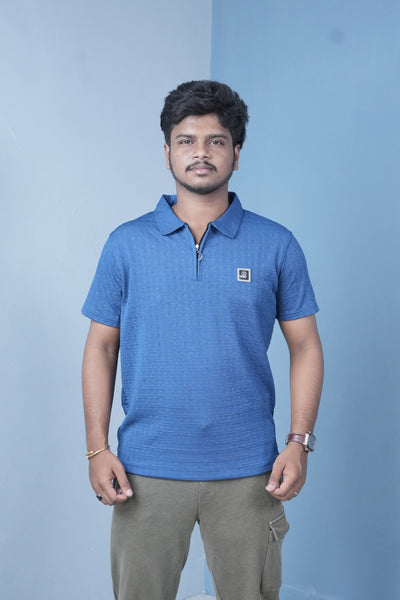 Men’s Textured Polo T-Shirt – Slim Fit Zip Neck Casual Wear - Royal Blue