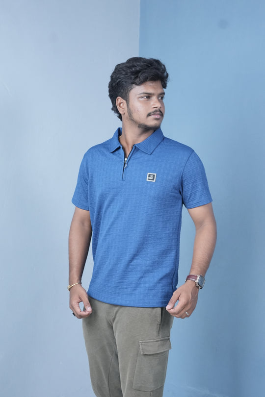 Men’s Textured Polo T-Shirt – Slim Fit Zip Neck Casual Wear - Royal Blue – alternate view – 7MAN India