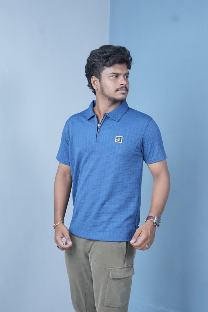 Men’s Textured Polo T-Shirt – Slim Fit Zip Neck Casual Wear - Royal Blue