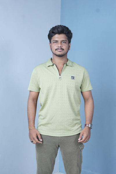 Men’s Textured Polo T-Shirt – Slim Fit Zip Neck Casual Wear - Olive Green