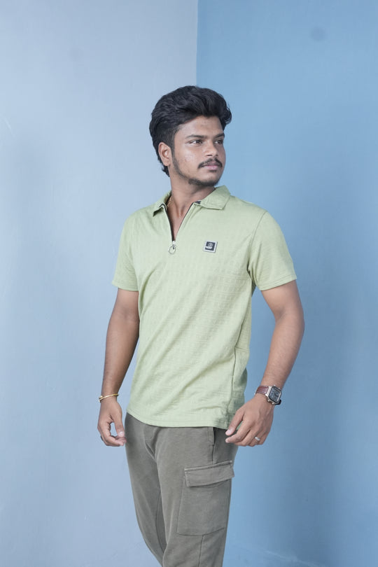 Men’s Textured Polo T-Shirt – Slim Fit Zip Neck Casual Wear - Olive Green – alternate view – 7MAN India
