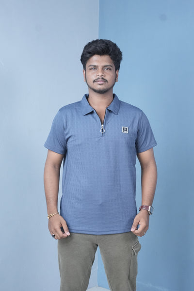 Men’s Textured Polo T-Shirt – Slim Fit Zip Neck Casual Wear - Steel Blue