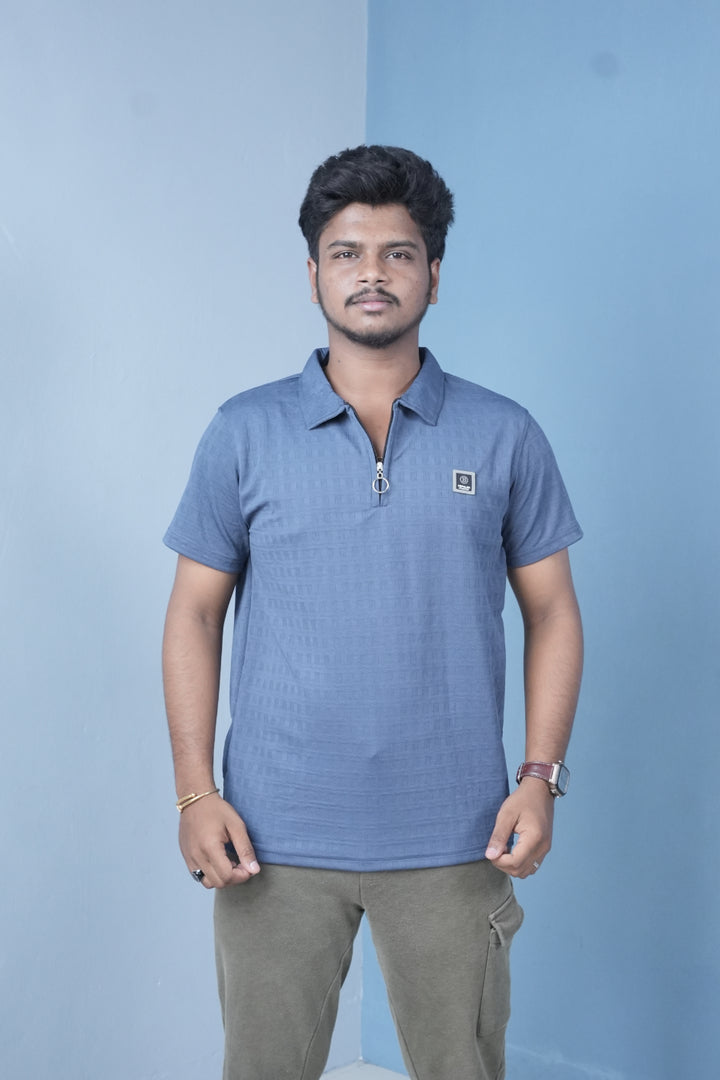 Men’s Textured Polo T-Shirt – Slim Fit Zip Neck Casual Wear - Steel Blue