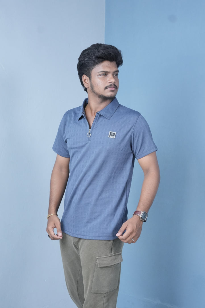 Men’s Textured Polo T-Shirt – Slim Fit Zip Neck Casual Wear - Steel Blue