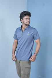 Men’s Textured Polo T-Shirt – Slim Fit Zip Neck Casual Wear - Steel Blue
