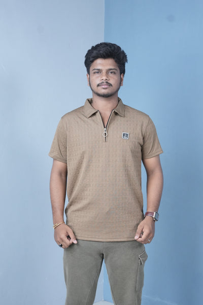 Men’s Textured Polo T-Shirt – Slim Fit Zip Neck Casual Wear - Brown