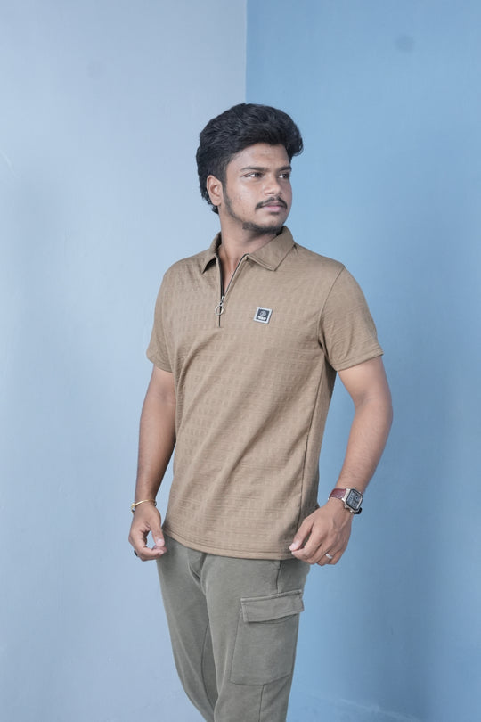 Men’s Textured Polo T-Shirt – Slim Fit Zip Neck Casual Wear - Brown – alternate view – 7MAN India