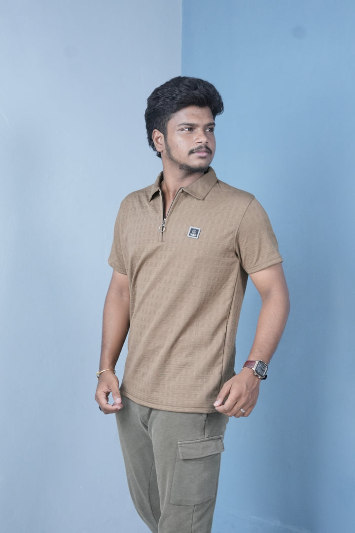 Men’s Textured Polo T-Shirt – Slim Fit Zip Neck Casual Wear - Brown