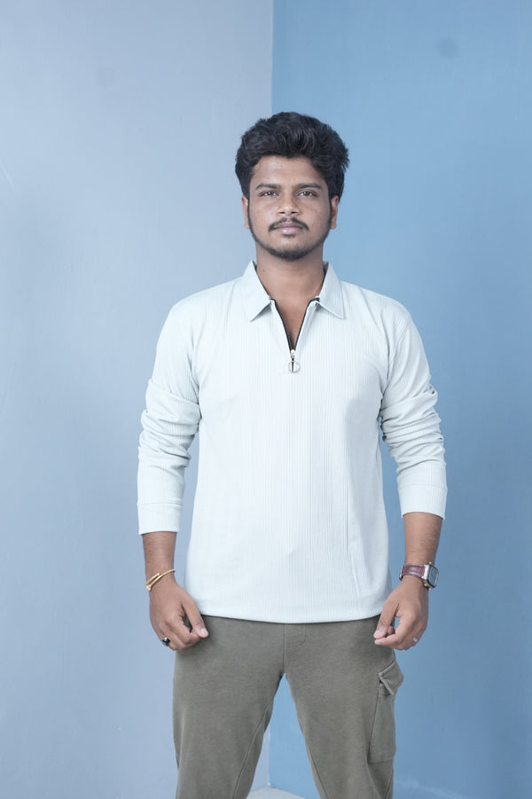 Men’s Ribbed Polo T-Shirt – Zip Neck Slim Fit Casual Wear-Light Blue