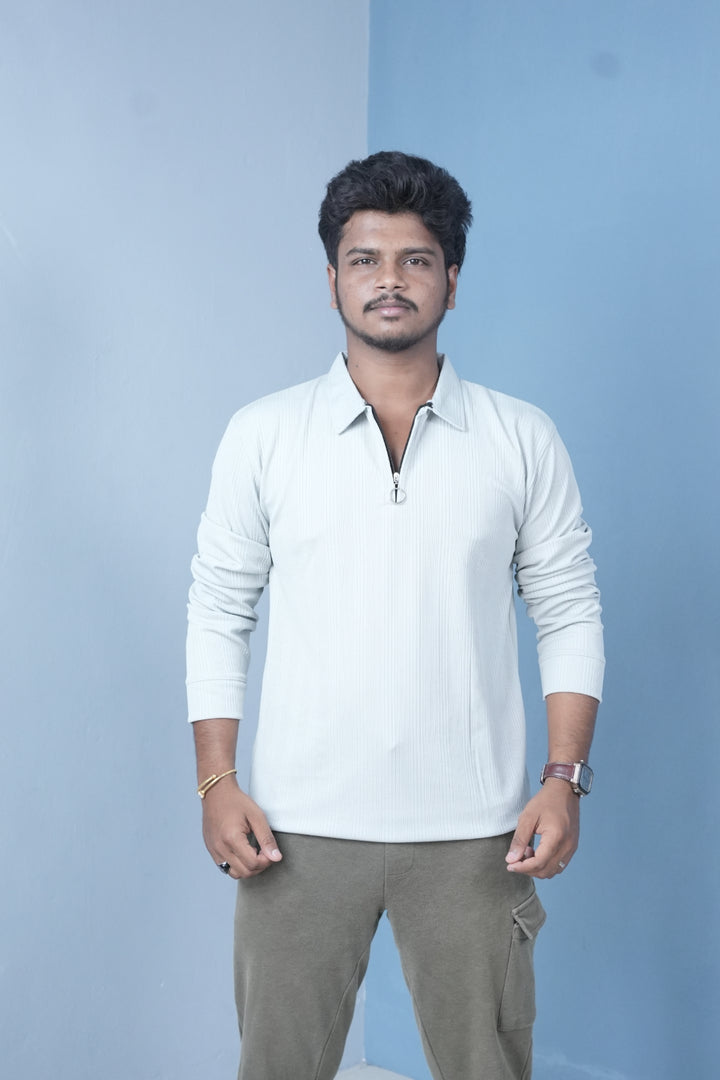 Men’s Ribbed Polo T-Shirt – Zip Neck Slim Fit Casual Wear-Light Blue