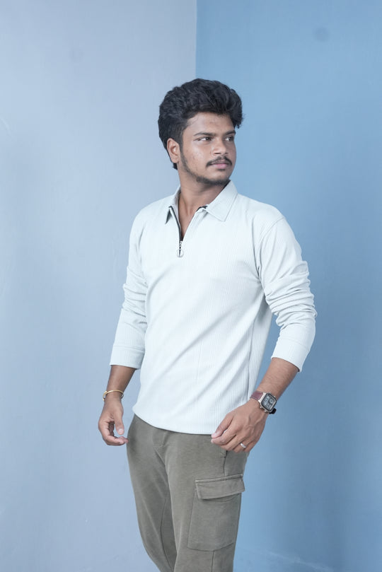 Men’s Ribbed Polo T-Shirt – Zip Neck Slim Fit Casual Wear-Light Blue – alternate view – 7MAN India