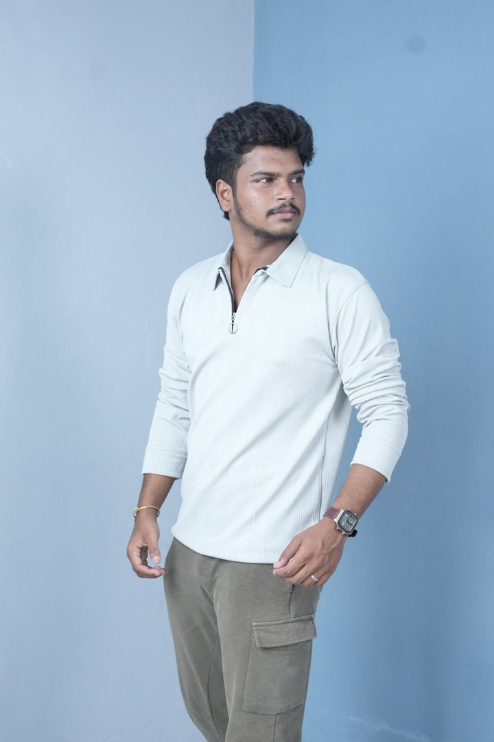 Men’s Ribbed Polo T-Shirt – Zip Neck Slim Fit Casual Wear-Light Blue