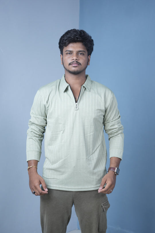 Men’s Zip Neck Polo T-Shirt FULL SLEEVE – Premium Slim Fit Style-Pistha Green – 7MAN Men's Fashion India