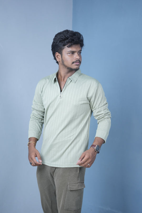 Men’s Zip Neck Polo T-Shirt FULL SLEEVE – Premium Slim Fit Style-Pistha Green – alternate view – 7MAN India