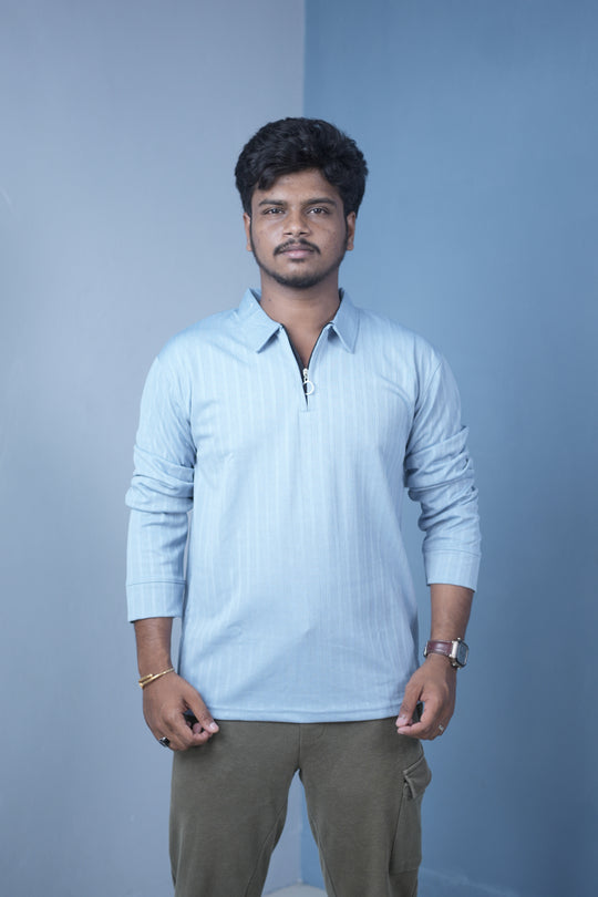 Men’s Zip Neck Polo T-Shirt FULL SLEEVE – Premium Slim Fit Style-Sky Blue – 7MAN Men's Fashion India