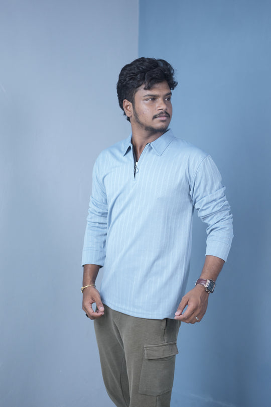 Men’s Zip Neck Polo T-Shirt FULL SLEEVE – Premium Slim Fit Style-Sky Blue – alternate view – 7MAN India