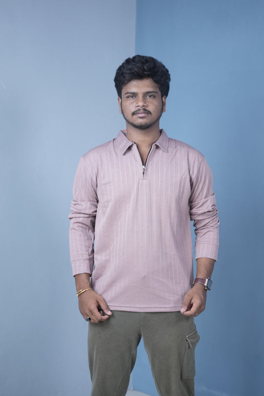 Men’s Zip Neck Polo T-Shirt FULL SLEEVE – Premium Slim Fit Style- Light Peach – 7MAN Men's Fashion India