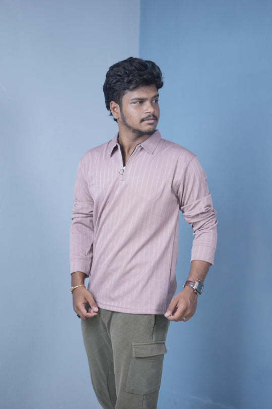 Men’s Zip Neck Polo T-Shirt FULL SLEEVE – Premium Slim Fit Style- Light Peach – alternate view – 7MAN India