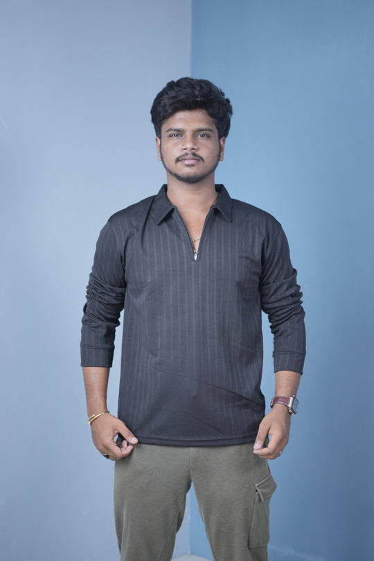 Men’s Zip Neck Polo T-Shirt FULL SLEEVE – Premium Slim Fit Style-Black – 7MAN Men's Fashion India