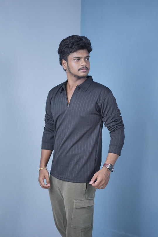 Men’s Zip Neck Polo T-Shirt FULL SLEEVE – Premium Slim Fit Style-Black – alternate view – 7MAN India