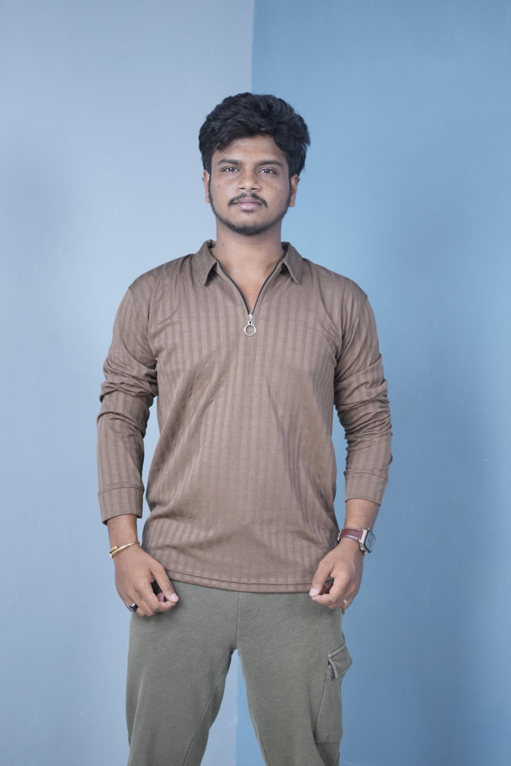 Men’s Full Sleeve Polo T-Shirt – Summer Trend Slim Fit Wear-Brown