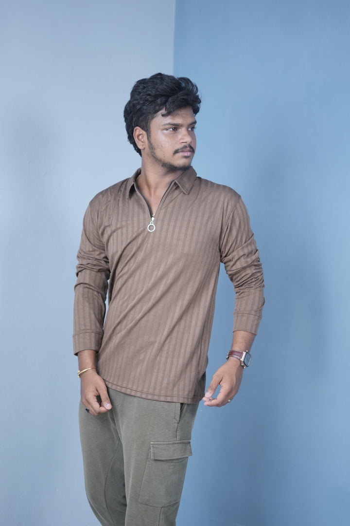 Men’s Full Sleeve Polo T-Shirt – Summer Trend Slim Fit Wear-Brown