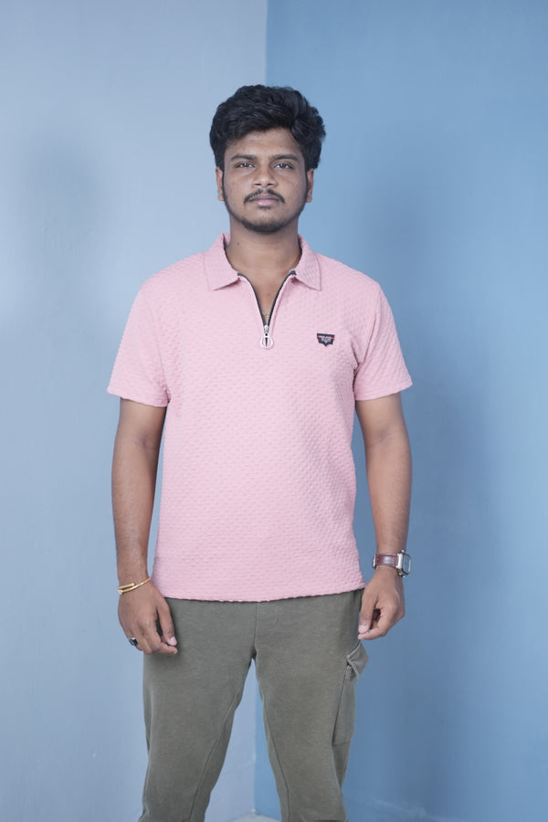 Men’s Short Sleeve Polo T-Shirt – Textured Zip Collar Trendy Tee Mini box-Light Pink