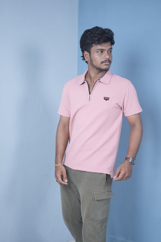 Men’s Short Sleeve Polo T-Shirt – Textured Zip Collar Trendy Tee Mini box-Light Pink – alternate view – 7MAN India