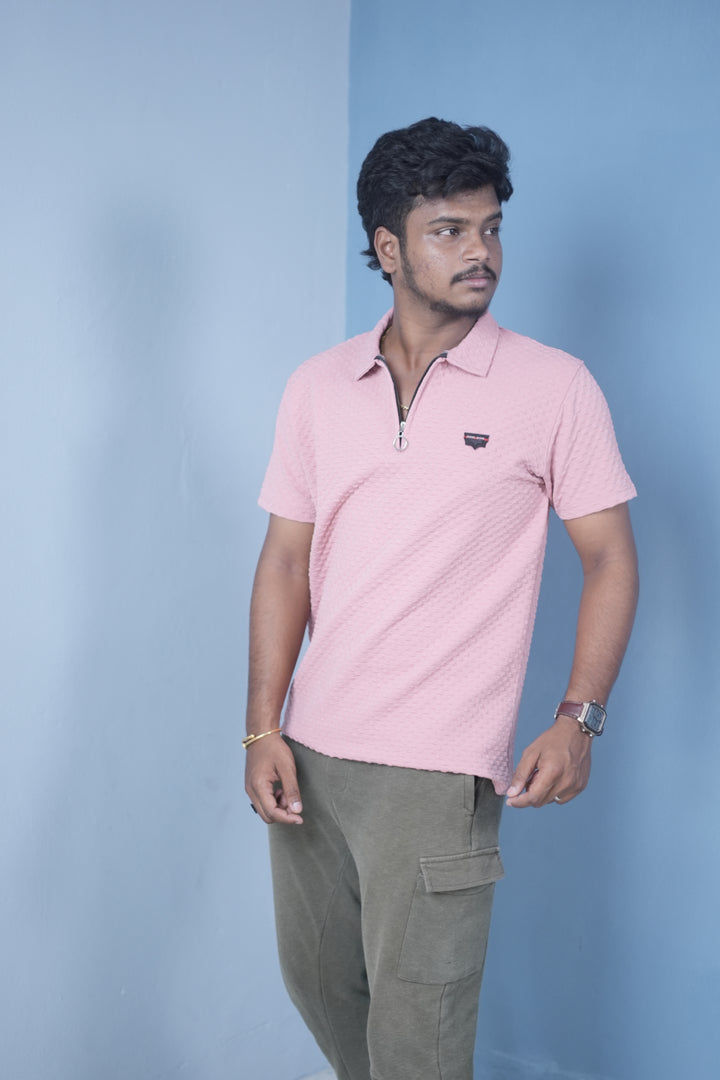 Men’s Short Sleeve Polo T-Shirt – Textured Zip Collar Trendy Tee Mini box-Light Pink