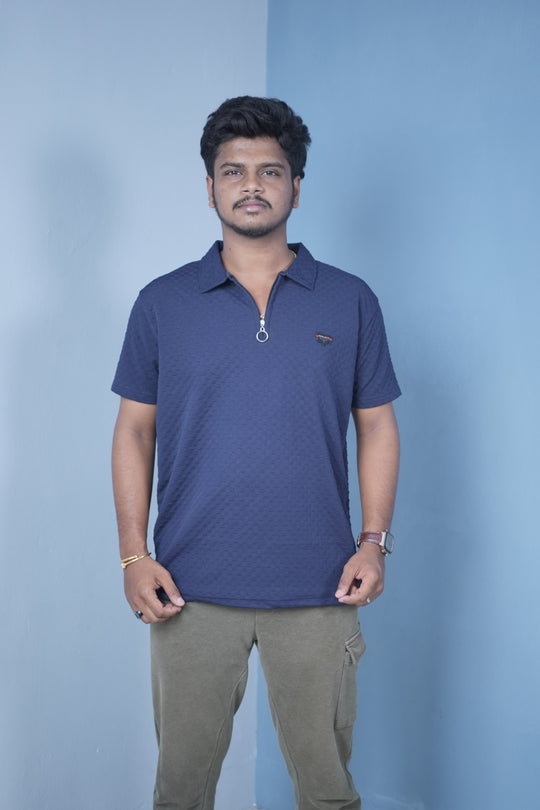 Men’s Short Sleeve Polo T-Shirt – Textured Zip Collar Trendy Tee Mini box- Navy Blue – 7MAN Men's Fashion India