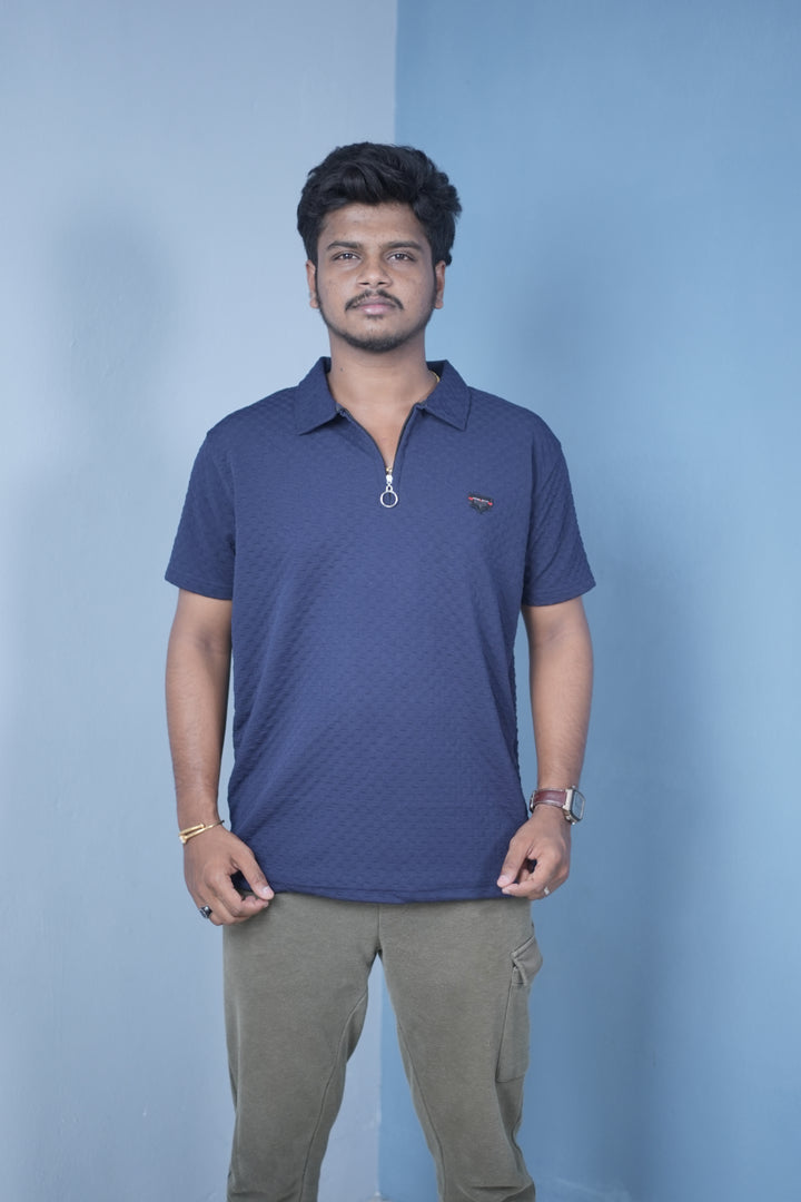 Men’s Short Sleeve Polo T-Shirt – Textured Zip Collar Trendy Tee Mini box- Navy Blue