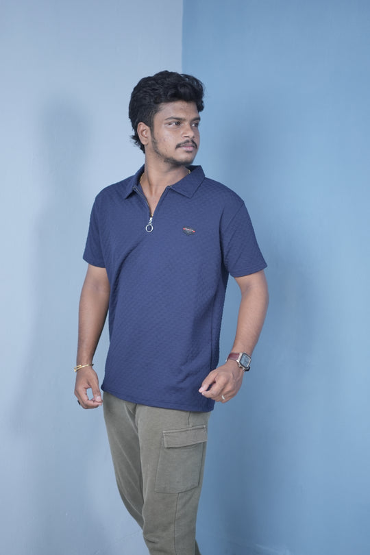 Men’s Short Sleeve Polo T-Shirt – Textured Zip Collar Trendy Tee Mini box- Navy Blue – alternate view – 7MAN India