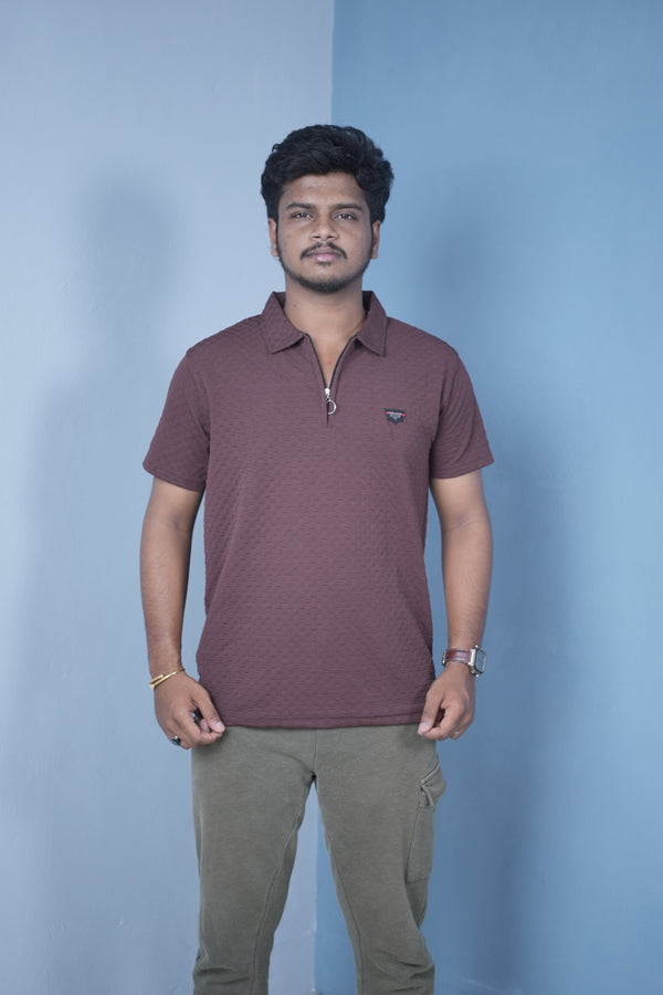 Men’s Short Sleeve Polo T-Shirt – Textured Zip Collar Trendy Tee Mini box- Brown