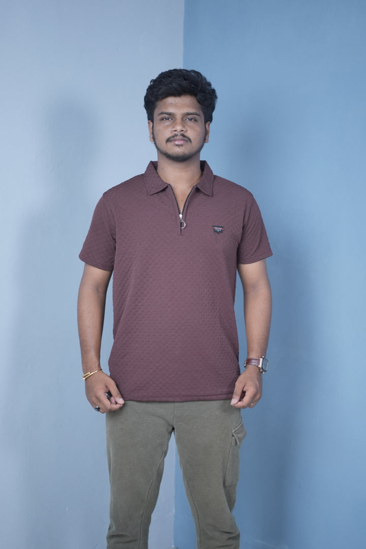Men’s Short Sleeve Polo T-Shirt – Textured Zip Collar Trendy Tee Mini box- Brown
