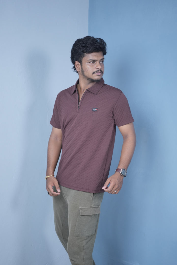 Men’s Short Sleeve Polo T-Shirt – Textured Zip Collar Trendy Tee Mini box- Brown