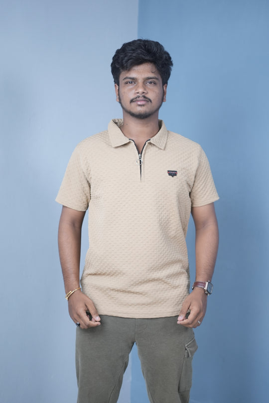 Men’s Short Sleeve Polo T-Shirt – Textured Zip Collar Trendy Tee Mini box-Sandal – 7MAN Men's Fashion India