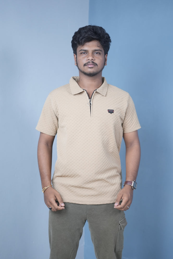 Men’s Short Sleeve Polo T-Shirt – Textured Zip Collar Trendy Tee Mini box-Sandal