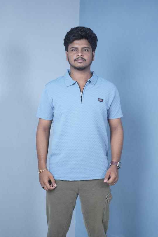 Men’s Short Sleeve Polo T-Shirt – Textured Zip Collar Trendy Tee Mini box-Sky Blue – 7MAN Men's Fashion India