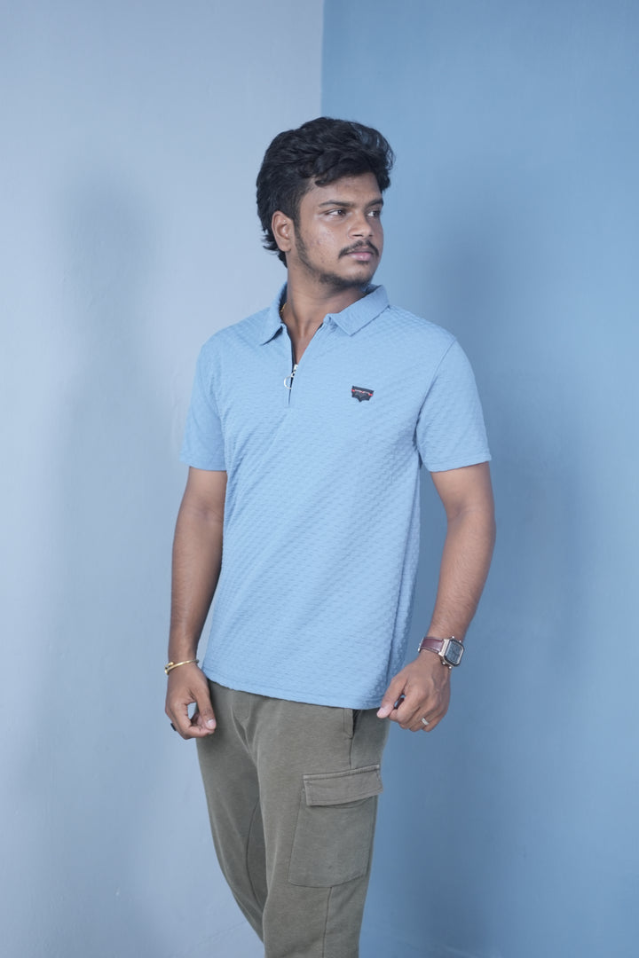 Men’s Short Sleeve Polo T-Shirt – Textured Zip Collar Trendy Tee Mini box-Sky Blue