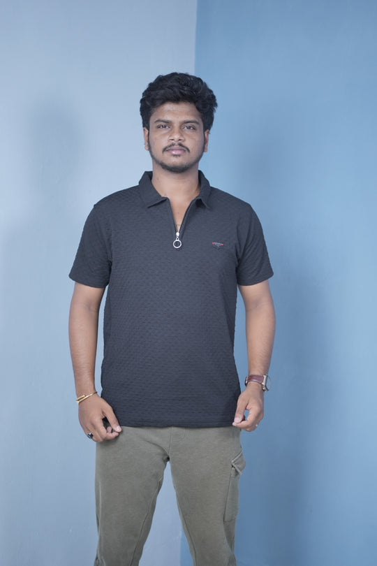 Men’s Short Sleeve Polo T-Shirt – Textured Zip Collar Trendy Tee Mini box -Black – 7MAN Men's Fashion India