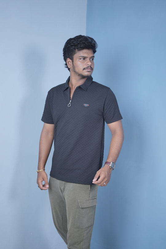Men’s Short Sleeve Polo T-Shirt – Textured Zip Collar Trendy Tee Mini box -Black – alternate view – 7MAN India