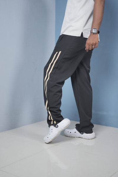 Men’s Joggers – Stylish Two Stripe Track Pants Streetwear - Black + beige stripes