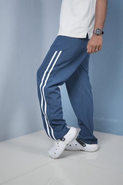 Men’s Joggers – Stylish Two Stripe Track Pants Streetwear - Dusty Blue + white stripes