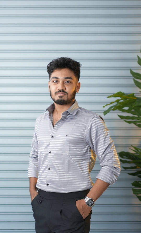 Men’s Vertical Stripe Party Wear Shirt | Slim Fit Casual & Formal Shirt - Grey – alternate view – 7MAN India