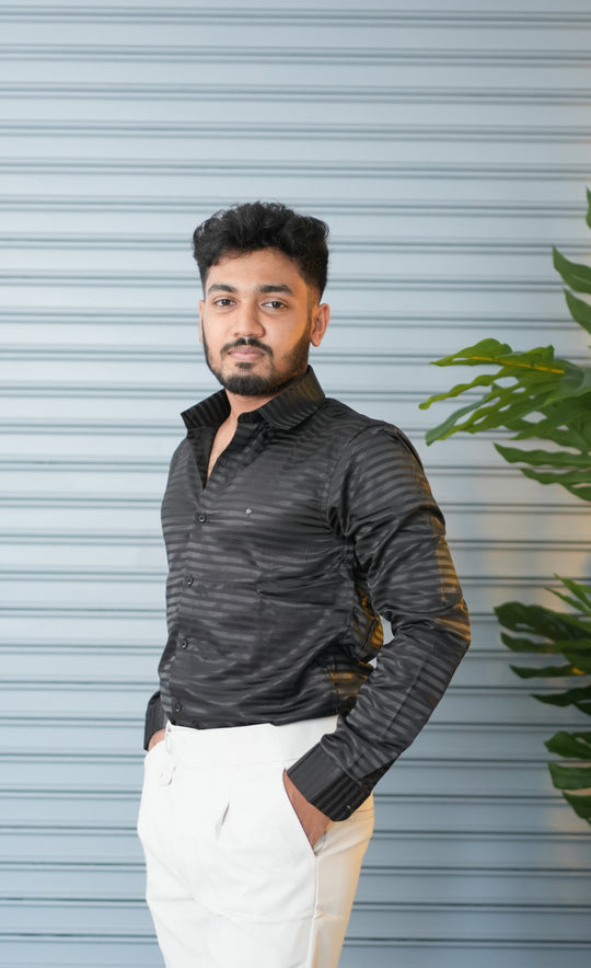 Men’s Vertical Stripe Party Wear Shirt | Slim Fit Casual & Formal Shirt - Black – alternate view – 7MAN India