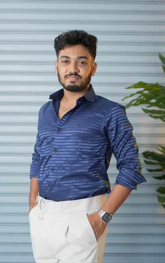 Men’s Vertical Stripe Party Wear Shirt | Slim Fit Casual & Formal Shirt - Navy Blue – alternate view – 7MAN India